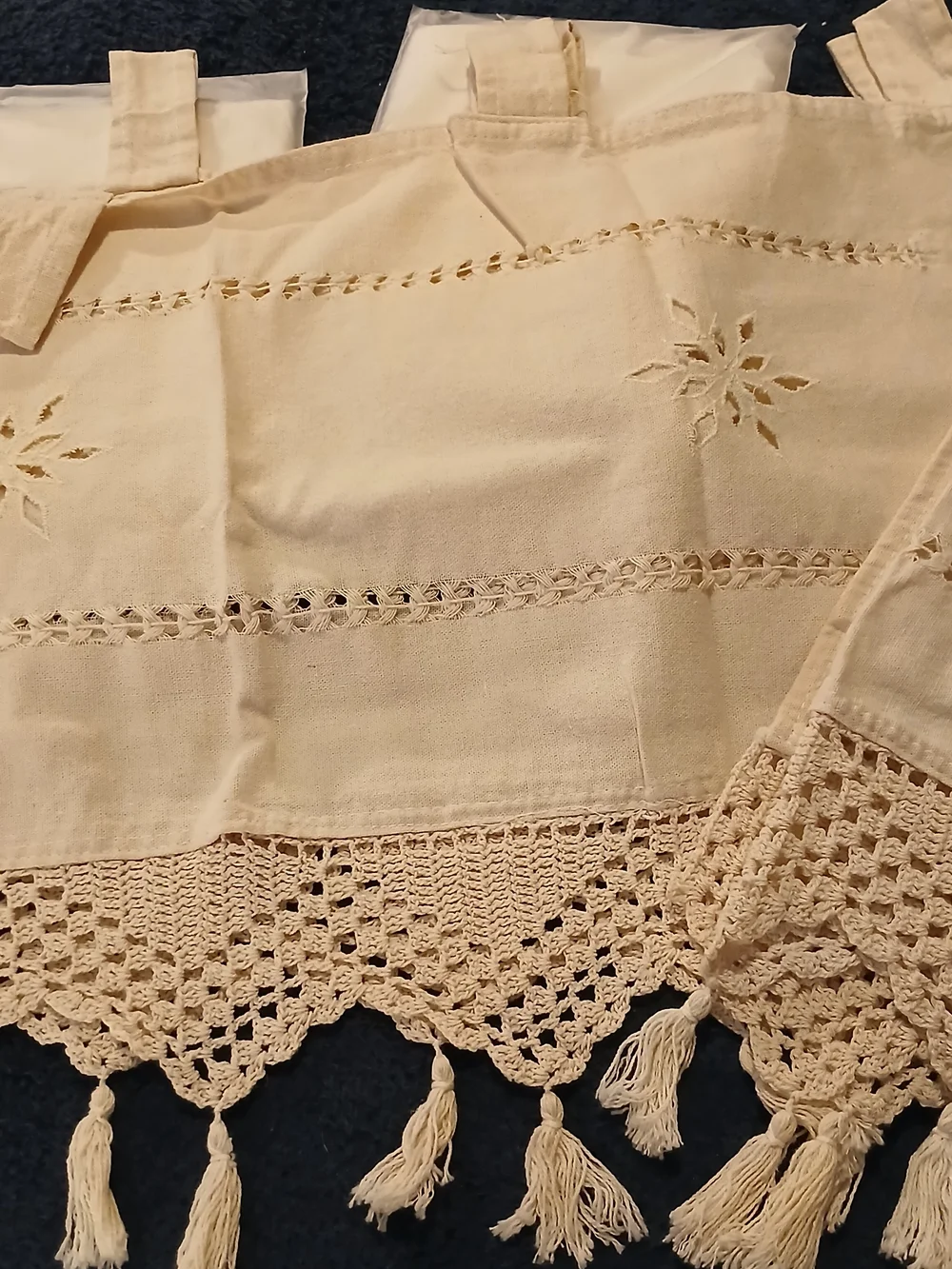 2-Beige Crochet Trim Kitchen Valance Curtain - Neutral Linen Window Treatment
